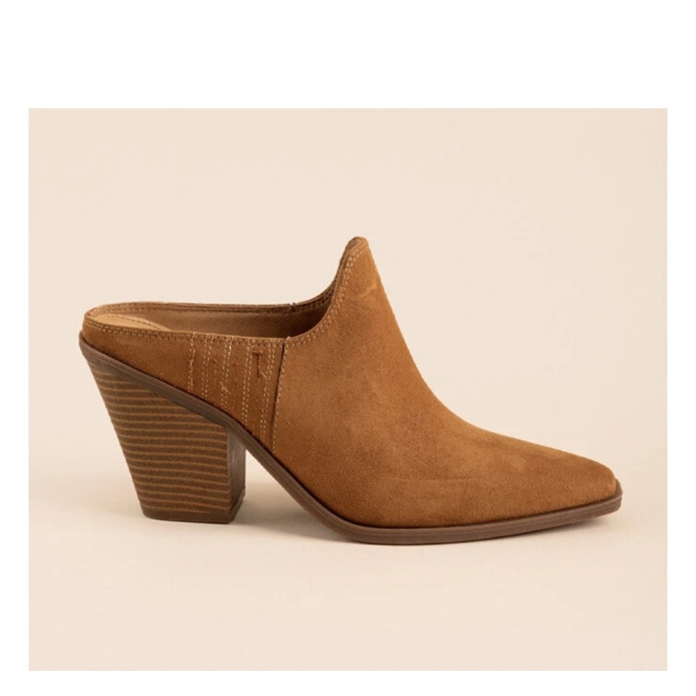 Indigo Tan Mules with Pointed Toe and Stacked Heel